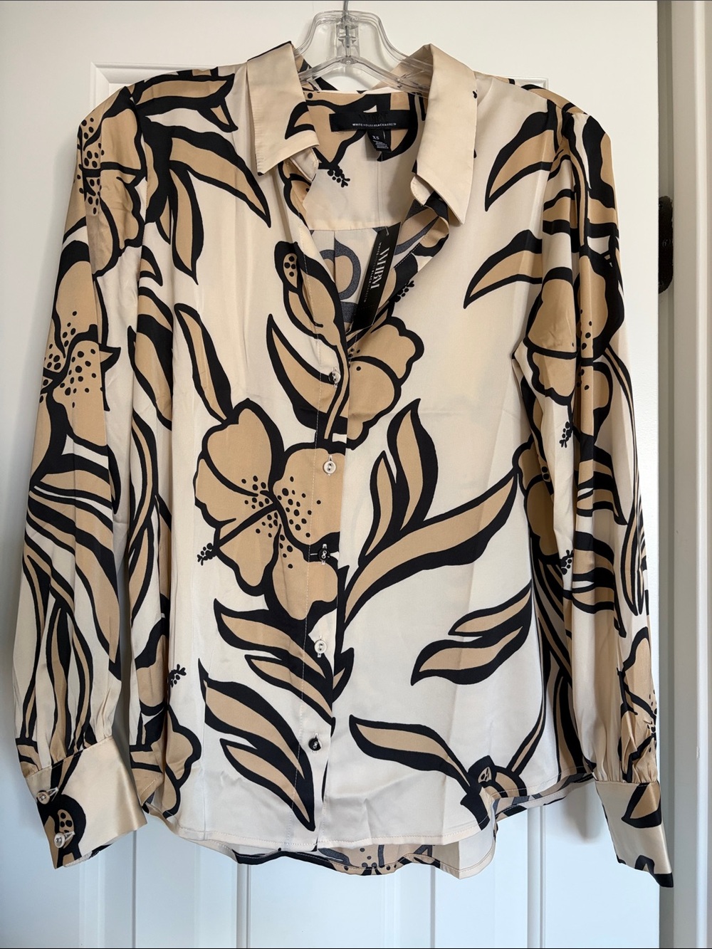 White House Black Market Black and Beige Floral Button-Down Blouse